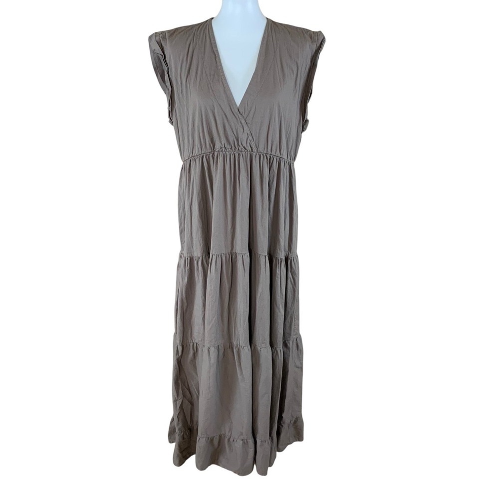Sofia Made In Italy Taupe V Neck Tiered Maxi Dress Boho Chic Flowy Cotton M